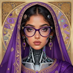 a beautiful illustration of a young cybertronic hyderabadi american woman, round face, cateye glasses, purple colors, intricate, sharp focus, illustration, highly detailed, digital painting, concept art, matte, art by wlop and artgerm and greg rutkowski and alphonse mucha, masterpiece
