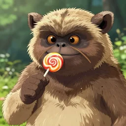 An ewok eating a lollipop, Anime art style