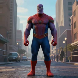 Thanos as Spider-Man, film still, wide-shot, full shot, cinematic lens, heroic portrait