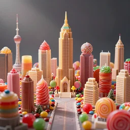 Candy city, a city made of candy, sharp focus, toy photography by Artgerm and Greg Rutkowski and WLOP