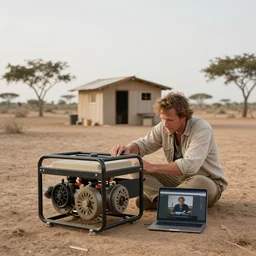 A man in a hut in the middle of nowhere hand-cranking a generator while watching videos on his laptop, Charlie Bowater