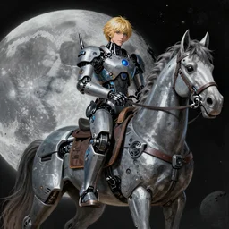 A hyper real comic book style portait painting of  cyborg riding on a robotic horse on the moon, unreal 5, hyperrealistic, octane render, cosplay, RPG portrait, dynamic lighting