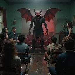 vhs footage of a room of people staring at a live demon