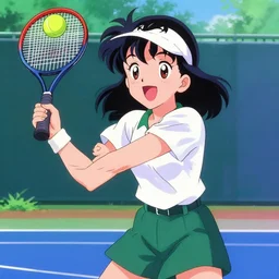 girl playing tennis and laughing, sprite, vaporwave nostalgia, directed by beat takeshi, visual novel cg, 8 0 s anime vibe, kimagure orange road, maison ikkoku, initial d, sketch by osamu tezuka, directed by makoto shinkai and beat takeshi