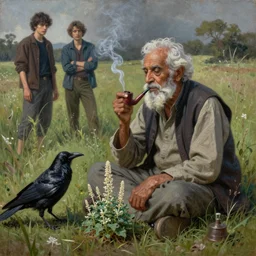 n elderly indian don juan is sitting in a field with peyote and smoking a pipe, a raven walks next to him, by miho hirano, ross tran and ilya kuvshinov, realistic, detailed, beautiful fantasy detailed trending on artstation, oil painting, dramatic lighting, eterea, high quality print, fine art with subtle redshift rendering