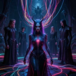 satanic ritual, neon, they are watching, RGB, glowing wires everywhere, pristine, by Edgar Maxence and Ross Tran, Zdzisław Beksiński, and Michael Whelan, distant, gustav dore, H.R. Giger, 8k, octane render