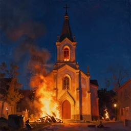 A painting of a church on fire in the night