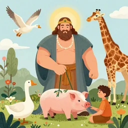 the mighty god is creating the animals, a pig, flying goose, flowers, plants, giraffe, and a human