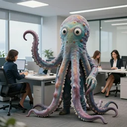 A photo of a tentacle creature with business women in a business corporate office, 4K, realistic