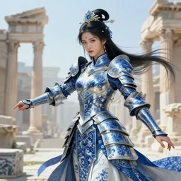 knights of zodiac girl, chinese blue and white porcelain reflected armor, armor knight fighting cinematic shot, in ruined agora of athens, ssci - fi and fantasy, intricate and very very beautiful and elegant, highly detailed, digital painting, artstation, concept art, smooth and sharp focus, illustration, art by tian zi and wlop and alphonse mucha