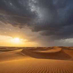 photograph of sahara sand dunes, underneath a dramatic thunderstorm sky at sunset. golden sun setting on the horizon. style of a national geographic photo. 4 k. colorful. highly detailed.
