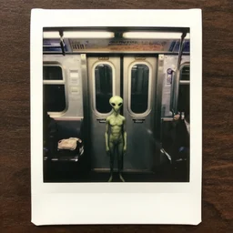 an aged polaroid photo of a tiny alien in a new york city subway, gloomy, grainy