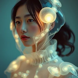 asian female wearing luminous jelly fish armor. soft, fragile. by ray caesar. by louise dahl - wolfe. by andrea kowch. by anna claren. surreal photography