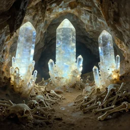 a cave with huge glowing crystals in the walls and piles of bones on the floor, art by oleg kapustin