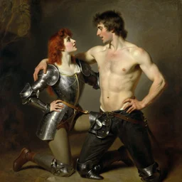 attractive arthur pendragon shirtless but wearing pants flirting wit his attractive knight. the knight is also flirting back, the knight is also wearing pants highly detailed painting by gaston bussiere, craig mullins, j. c. leyendecker