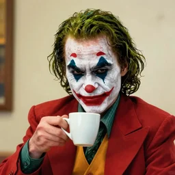High detail portrait of Joker with cynical face drinking coffee, high render,8k.