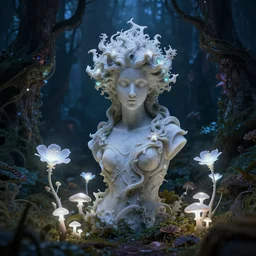 glowing delicate flower and mushrooms that grow in a dark fatansy forest on the planet pandora, an idealistic marble statue with fractal flowery hair in a fractal garden,