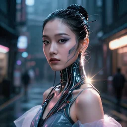 facial portrait of a korean blade runner ballerina with electric wires and makeup, dark cyberpunk street background, lens flare, rain, deep focus, d & d, intricate, elegant, highly detailed, photo, seoul, artstation, blade runner, 8 k, sharp focus, unreal engine 5, global illumination, radiant light