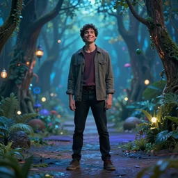 man in magical area, by ian llanas, 4 k, volumetric lighting, hyper realistic, happy