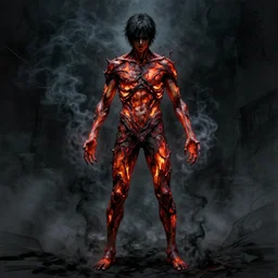 concept art of only one man with his body covered in burns, with black smoke coming out of his hands, full body, dark colors, sinister atmosphere, dramatic lighting, cinematic, establishing shot, extremely high detail, photo realistic, cinematic lighting, pen and ink, intricate line drawings, by Yoshitaka Amano, Ruan Jia, Kentaro Miura, Artgerm, post processed, concept art, artstation, matte painting, style by eddie mendoza, raphael lacoste, alex ross,