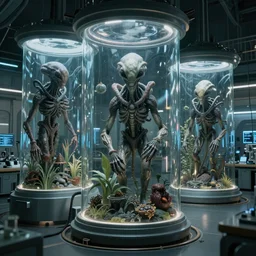futuristic sci fi labs, with alien life growing in huge glass chambers, ultra detailed, cinematic shot, photorealistic, octane render, high definition, fine details, sinister mood, 8 k, mcbess tones,