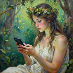 a nature goddess checking her cell phone by senior concept artist josephine wall, acrylic on canvas, intricately detailed, high resolution trending on artstation