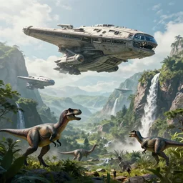 a detailed photo alien spaceships landing on earth, dinosaur's, t - rex, mountains, greenery, waterfall, artstation, an epic fantasy, cinematic lighting, hyper realistic, photographic, sharp focus, by greg rutkowski and artgerm