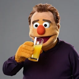 portrait of skin cloth danny devito as a muppet muppet puppet in sesame street drinking a glass of orange juice, dlsr photo, studio lighting, sigma lens, rim light