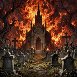 cemetery scene in hell with a creepy chapel in the distance, fire in the sky, creepy, fantasy, d & d, intricate, beautiful, highly detailed, elegant, artstation, concept art, smooth and sharp focus, rpg artwork, illustration, painting by craig mullins, j. c. leyendecker, rene maritte, tian zi, wlop, alsphonse mucha,