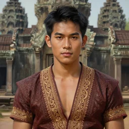 a smart and handsome and beautiful thai male dressed as hunter in armed, close - up portrait, with 6 0 s costume, karen ethnic traditional dress, ancient khmer ruin in background, intricate, elegant, loin cloth, highly detailed, oil painting, artstation, concept art, matte, sharp focus, illustration, hearthstone, art by earl norem