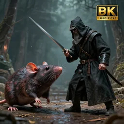 plague doctor warrior confronting a giant plague rat, highly detailed, 8 k, hdr, smooth, sharp focus, high resolution, award - winning photo