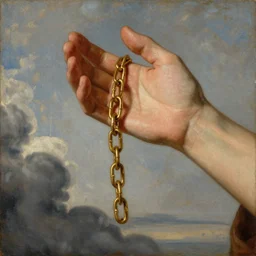 a single hand holding a golden chain, renaissance style, realistic painting, detailed, clouds in background,