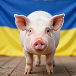 photo of an sad pig with a ukrainian flag on the background, photorealism