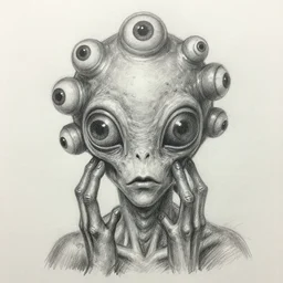 a very amateur crude pencil sketch of a several eyes alien zombi fingi with 12 eyes and grey oily skin, multiple small black eyes