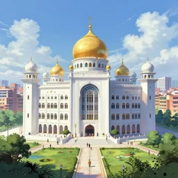 a beautiful detailed anime illustration of nature city building gurdwara by le corbusier, evil, archdaily, wallpaper, highly detailed, trending on artstation.
