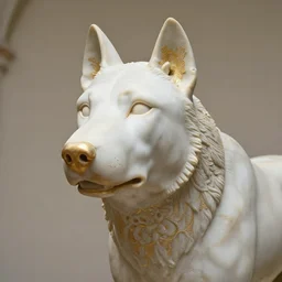 a white marble statue of a wolf's head with gold filigree, michelangelo