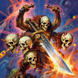 ultradetailed painting of 4 armed orc skulls on waist with large blade being blast by energy, by karl kosinski yayoi kusama mc escher gottfried helnwein magic the gathering art, sci fi, futurism, vibrant colors zbrush art station sharp focus