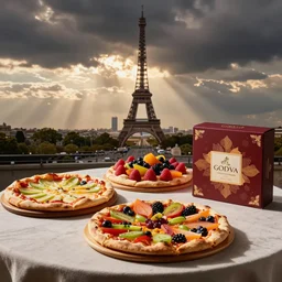 so delicious fruits pizza cakes on the table, beacons, worm dynamic lighting, pierre herme paris, godiva products photo