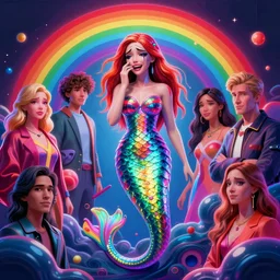 mermaid crying by william barlowe and pascal blanche and tom bagshaw and elsa beskow and enki bilal and franklin booth, neon rainbow vivid colors smooth, liquid, curves, very fine high detail 3 5 mm lens photo 8 k resolution