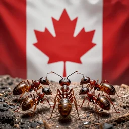 mikey bustos, ants surrounding him, canada flag background, realistic photograph, maximalism canada