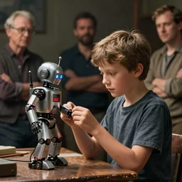 a boy fixing his robot, photorealistic by michael komarck, greg rutkowski, victo ngai, artgerm, norman rockwell, edward hopper