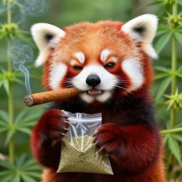 anthropomorphic red panda, holding a bag of catnip, smoking a cigar, in front of hemp plants, happy dopey expression, squinting, beautiful lighting, high quality digital art, trending on artstation