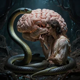 Adam and Eve inside the brain, snake is surrounding them, beautiful dramatic moody lighting, cinematic atmosphere, Zdzislaw Beksiński, Dan Mumford, Patiphan Sottiwilaiphong, Yintion J - Jiang Geping