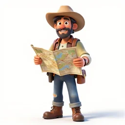 jovial explorer with map, detailed 3d character render, full body, standing, isolated on a pure white background, centered, whole figure in frame, sharp focus, studio lighting
