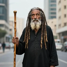 blind bearded egyptian old man in modern city, long dreadlocks, worn black clothes holding a wodden staff, dlsr photo