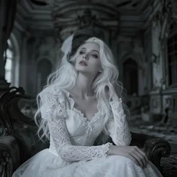 cinestill 5 0 d wide photo portrait of a dreamy beautiful woman by gastel sitting in a dystopian abandoned haunted house, white hair, wearing white lace, elegant, highly detailed, pale black tonal matt, soft blur, artstation, sharp focus, head in focus,