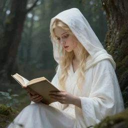 the goddess of memory studying in a forest, white hood, white robes, blonde, fantasy, magical, realistic and detailed, spiritual, supernatural, intricate, elegant, highly detailed, digital painting, trending on artstation, by wlop, 4 k octane render