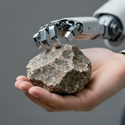 extreme close - up shot of robot arm holding a rock, human skin, photorealistic