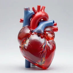 close - up 3 d anatomical model of a human heart made of transparent red glass