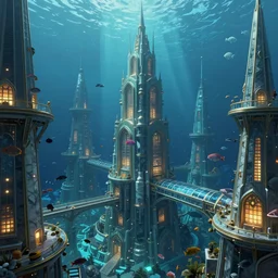 an epic landscape view of a vast underwater metropolis, with glowing windows, towers, spires, parapets, balconies, bridges, glass, marble, chrome, filled with colorful fish and sea creatures, painted by marc simonetti, close - up, low angle, wide angle, atmospheric, volumetric lighting, cinematic concept art, very realistic, highly detailed digital art